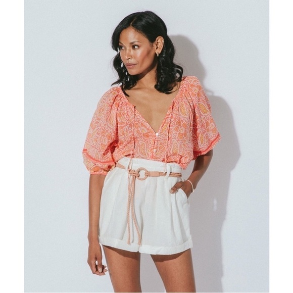 Cleobella Tops - Cleobella Layla Organic Cotton Blouse in Blossom Block Print Orange Size Medium